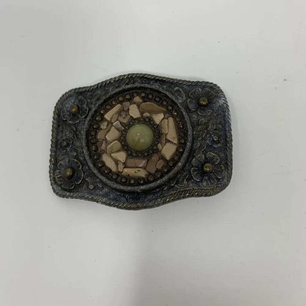 Western Belt Buckle Mens Gray Floral Metal Beaded Stone Mosaic Cowboy Rustic